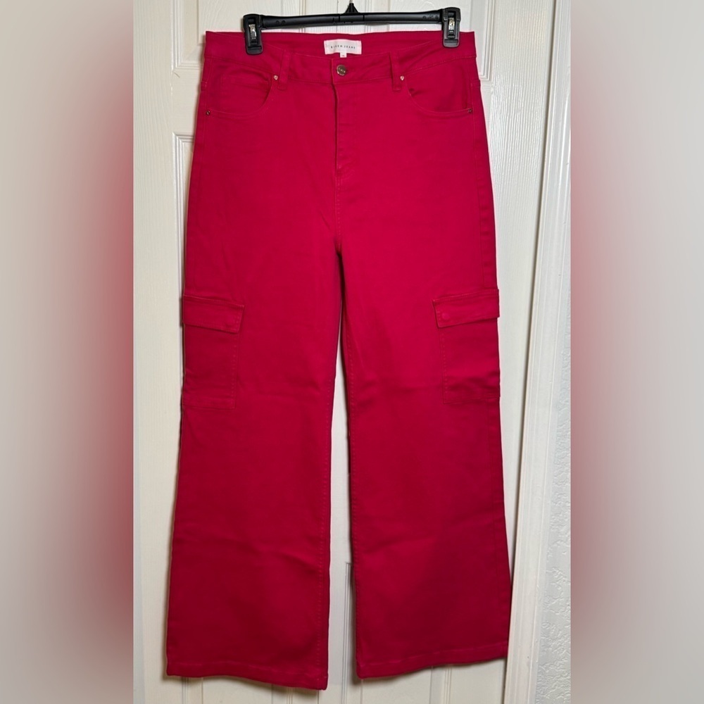 Risen Hot Pink Flare Cargo Jeans 1XL NWT Wide Leg Stretch